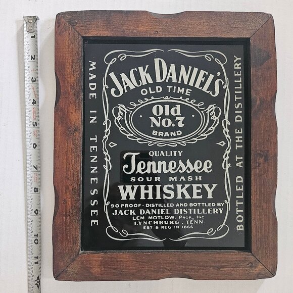 Jack Daniel Old #7 Brand Whiskey Bar Sign Black Glass Advertising Wooden Frame - Picture 10 of 12
